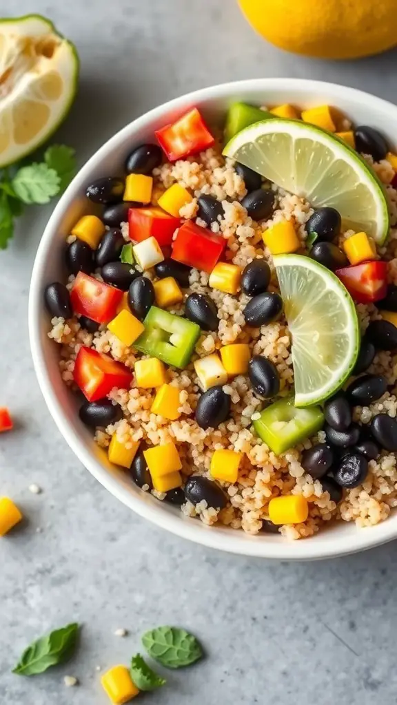 A colorful quinoa and black bean salad bowl with lime wedges and diced vegetables.