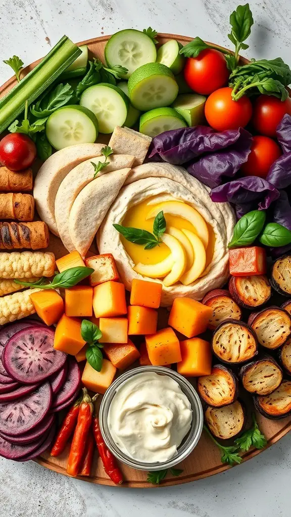 A colorful vegetarian charcuterie board featuring fresh vegetables, dips, and cheeses.