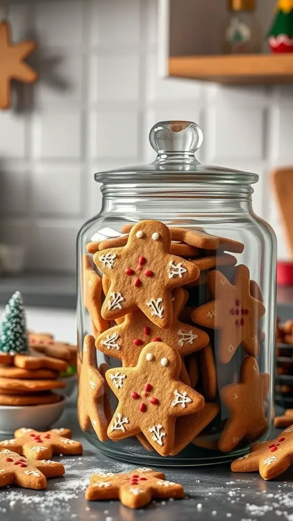 A jar filled with gingerbread cookies shaped like stars, decorated with icing, set in a cozy kitchen.