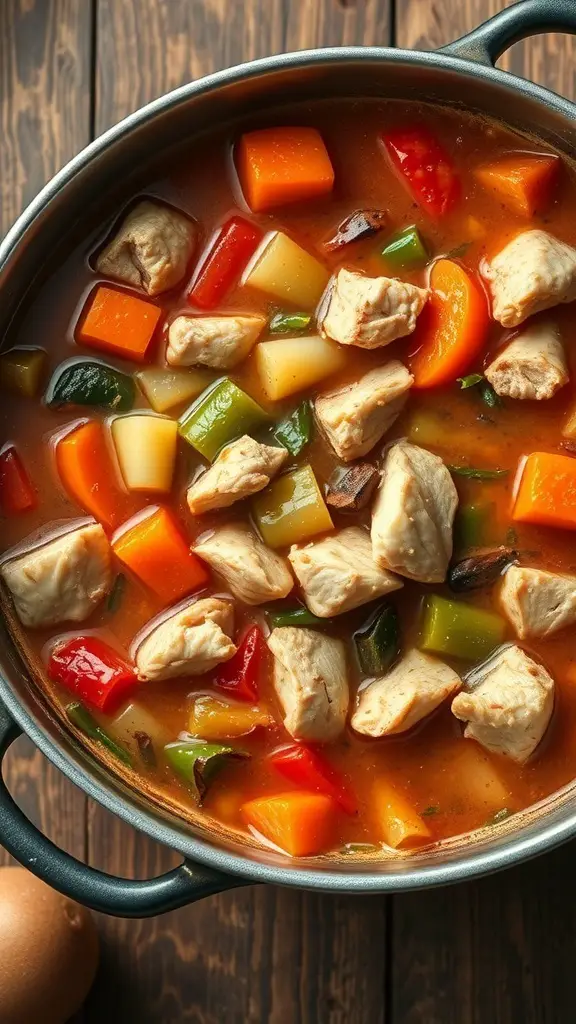 A pot of hearty chicken vegetable soup with colorful vegetables and chunks of chicken.