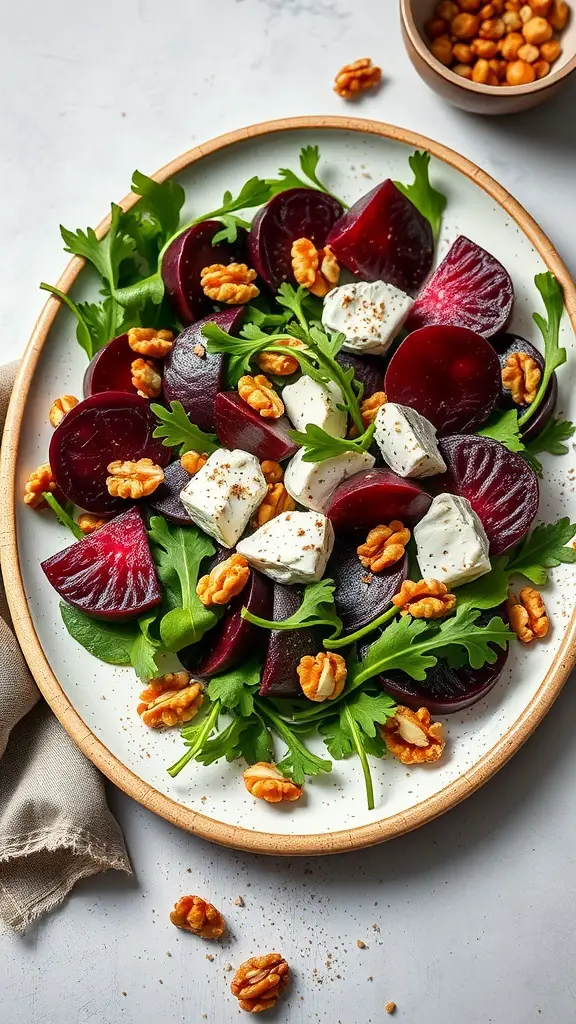 A colorful roasted beet and goat cheese salad with walnuts on a white plate.