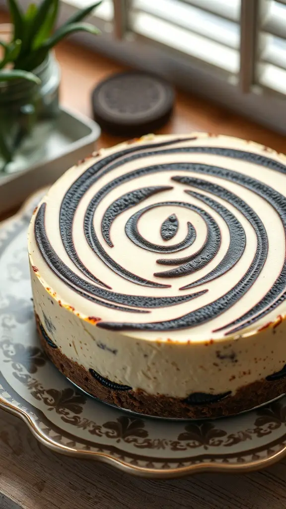 A beautifully presented Oreo Swirl Cheesecake with a chocolate swirl design on top.