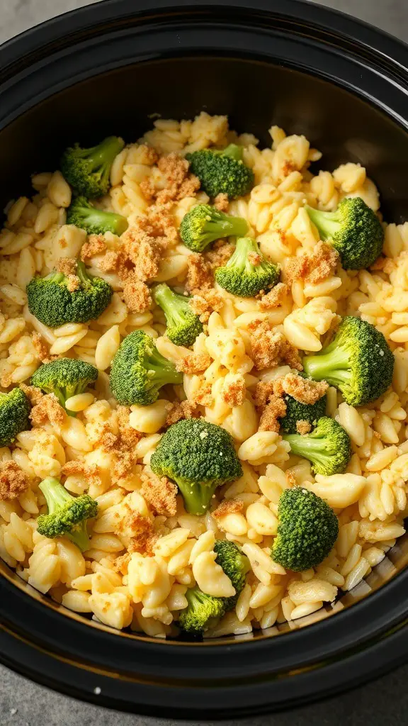 A crockpot filled with Cheesy Broccoli and Rice Casserole, featuring broccoli, pasta, and a crunchy topping.