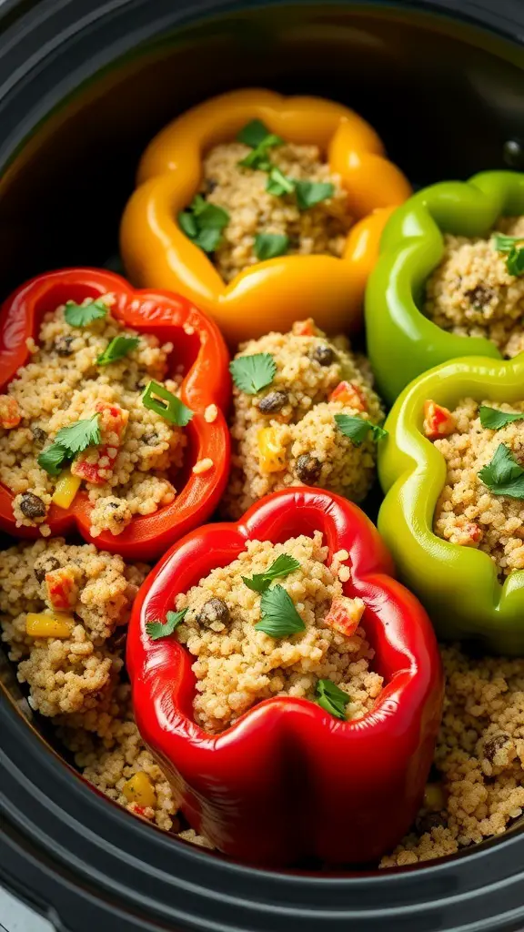 Colorful stuffed bell peppers filled with quinoa and vegetables in a multicooker.