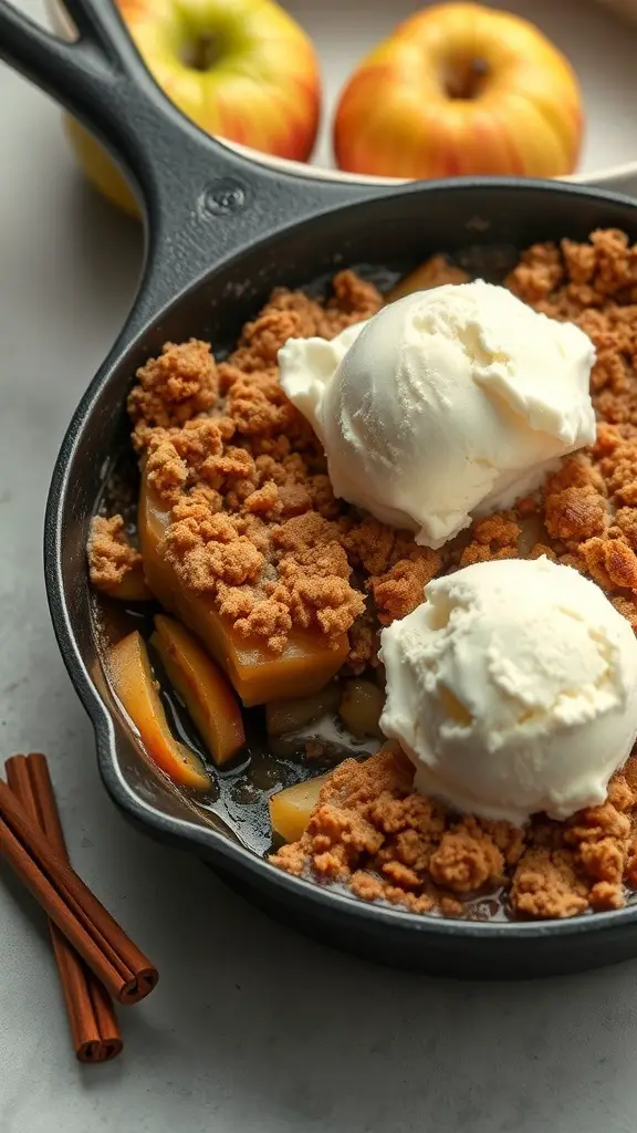 A skillet of cinnamon apple crisp topped with vanilla ice cream, with fresh apples in the background.