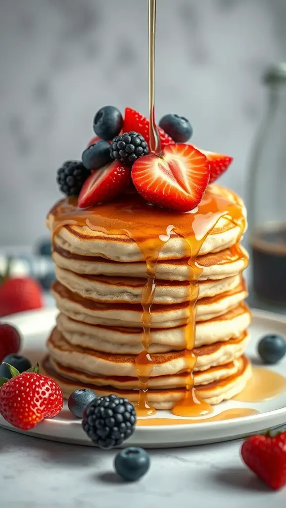 Stack of vegan protein pancakes topped with fresh berries and syrup