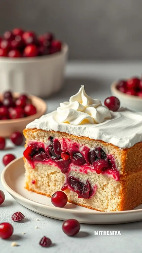 A slice of vanilla bean cake with cranberry filling, topped with whipped cream and surrounded by fresh cranberries.