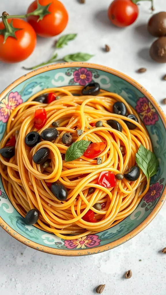 A bowl of spaghetti puttanesca topped with olives and capers, surrounded by fresh tomatoes.