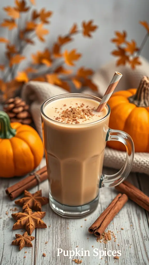 A Pumpkin Spice Smoothie in a glass, surrounded by pumpkins and autumn leaves.