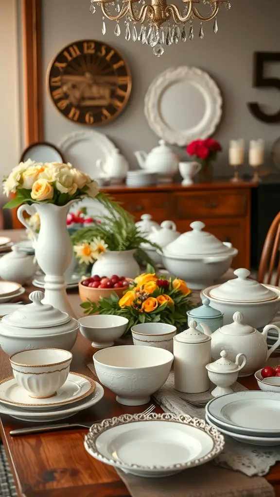 A beautifully arranged brunch table featuring vintage tableware, with floral centerpieces and a variety of dishes.