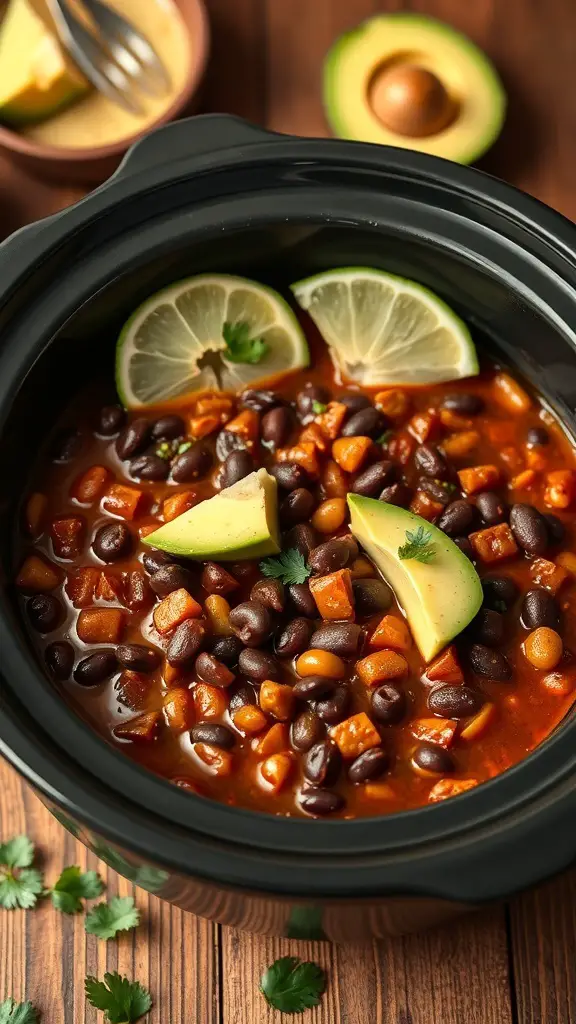 A bowl of spicy black bean chili topped with avocado and lime slices, with ingredients in the background.