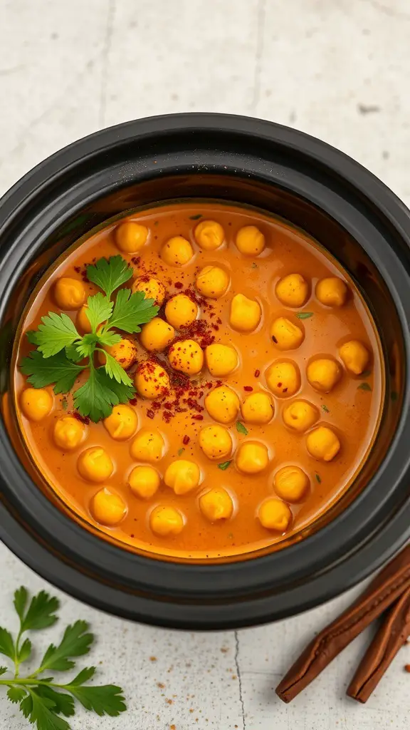 A bowl of creamy coconut chickpea curry with chickpeas and cilantro on top