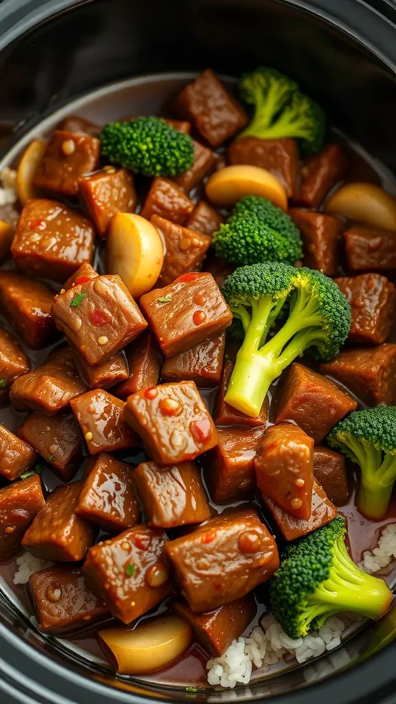 A delicious Beef and Broccoli Stir-Fry in a crockpot with tender beef, bright green broccoli, and a savory sauce.