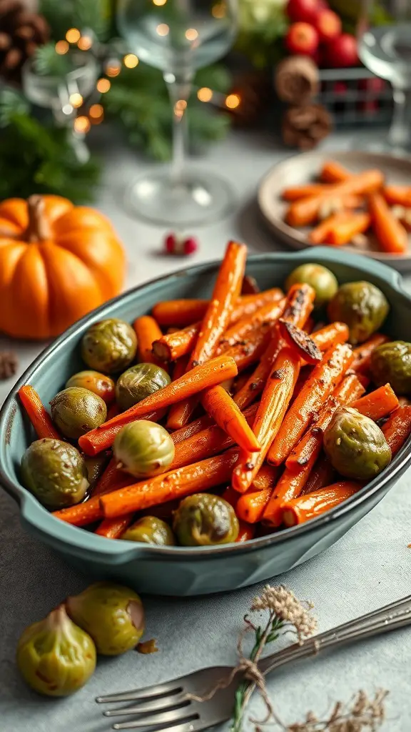 A dish of maple glazed carrots and Brussels sprouts, beautifully arranged with a festive background.