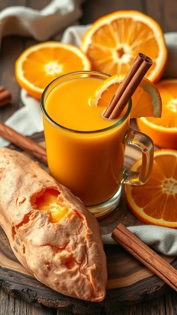 A glass of sweet potato and orange juice with cinnamon, surrounded by orange slices and a whole sweet potato.