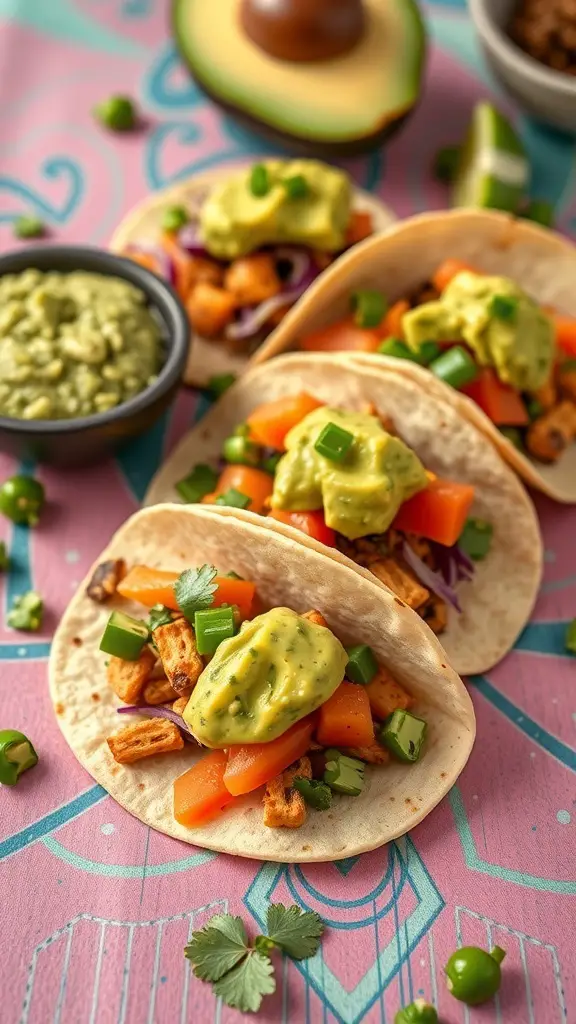 Mini vegan tacos with avocado salsa, topped with diced tomatoes and green onions on a colorful background.