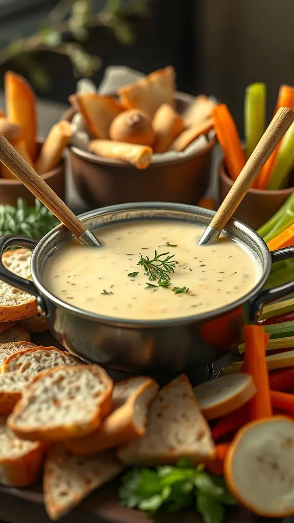 A pot of cheesy garlic herb fondue surrounded by dippables like bread and vegetables.