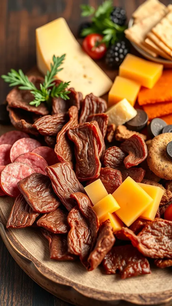 A platter featuring beef jerky, various cheeses, crackers, and fresh fruits.