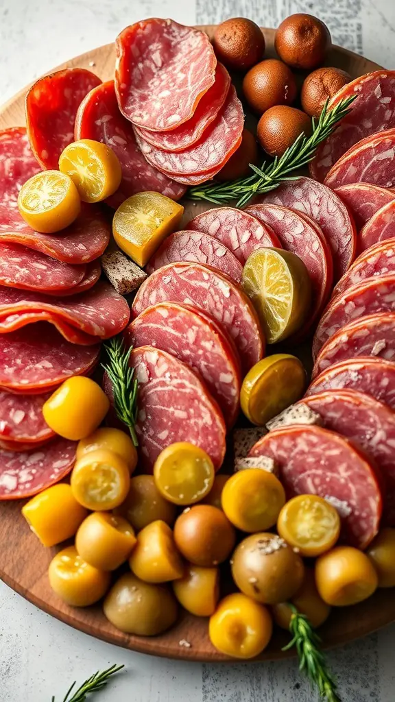 A beautifully arranged charcuterie board featuring various types of salami and pickles.