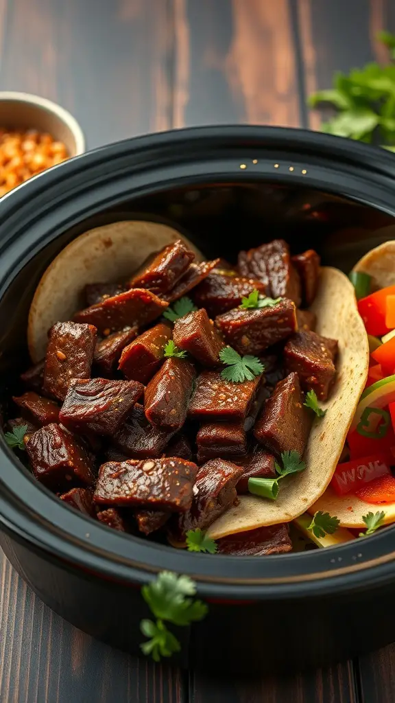 A close-up of Smoky Chipotle Beef Tacos in a slow cooker, featuring tender beef, tortillas, and fresh vegetables.