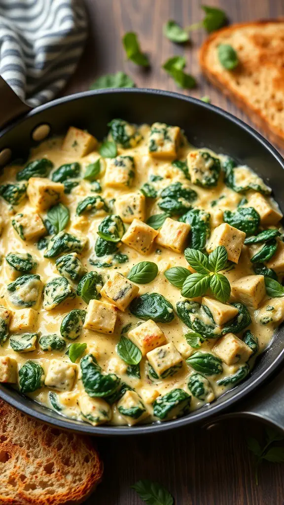 A delicious spinach and tofu scramble in a skillet, garnished with fresh basil and served with slices of bread.