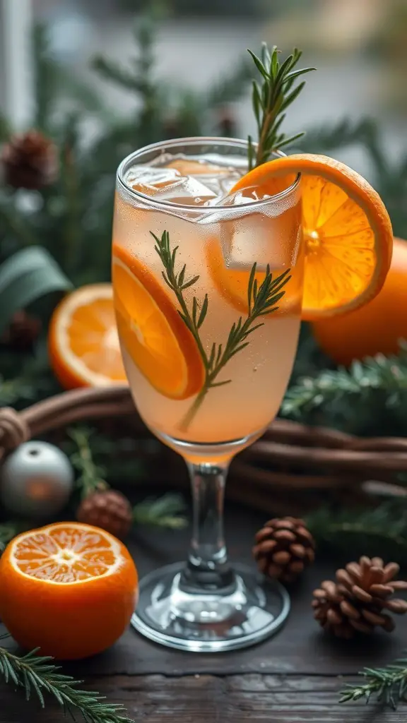 A refreshing Orange Rosemary Spritzer mocktail garnished with orange slices and rosemary, surrounded by oranges and pinecones.