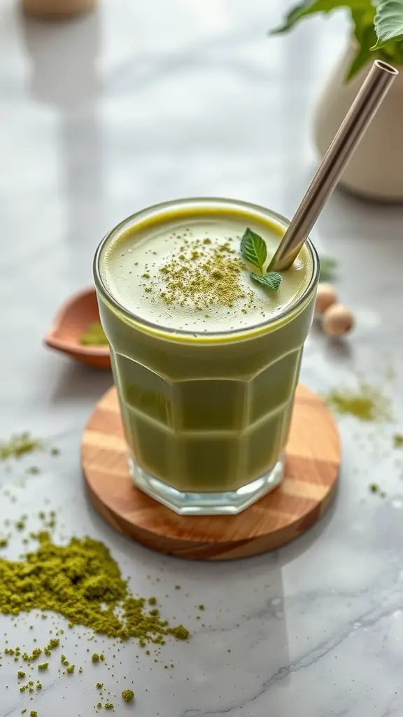 A refreshing Matcha Green Tea Smoothie in a glass with a metal straw, garnished with mint leaves and matcha powder.