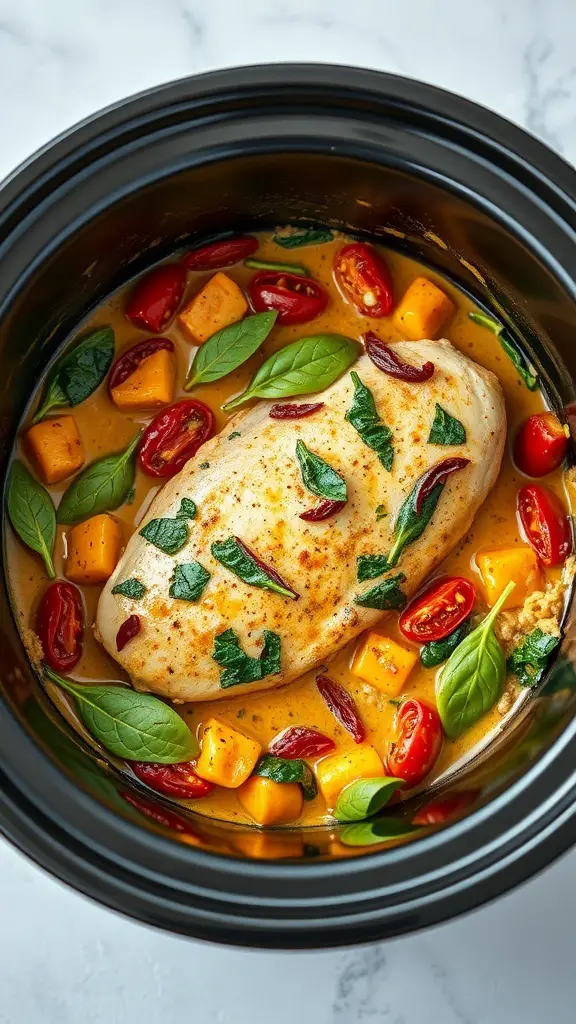 Creamy Tuscan Chicken in a slow cooker with cherry tomatoes, spinach, and squash.