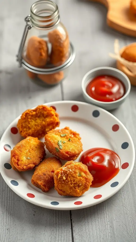 A plate of homemade chicken nuggets with ketchup
