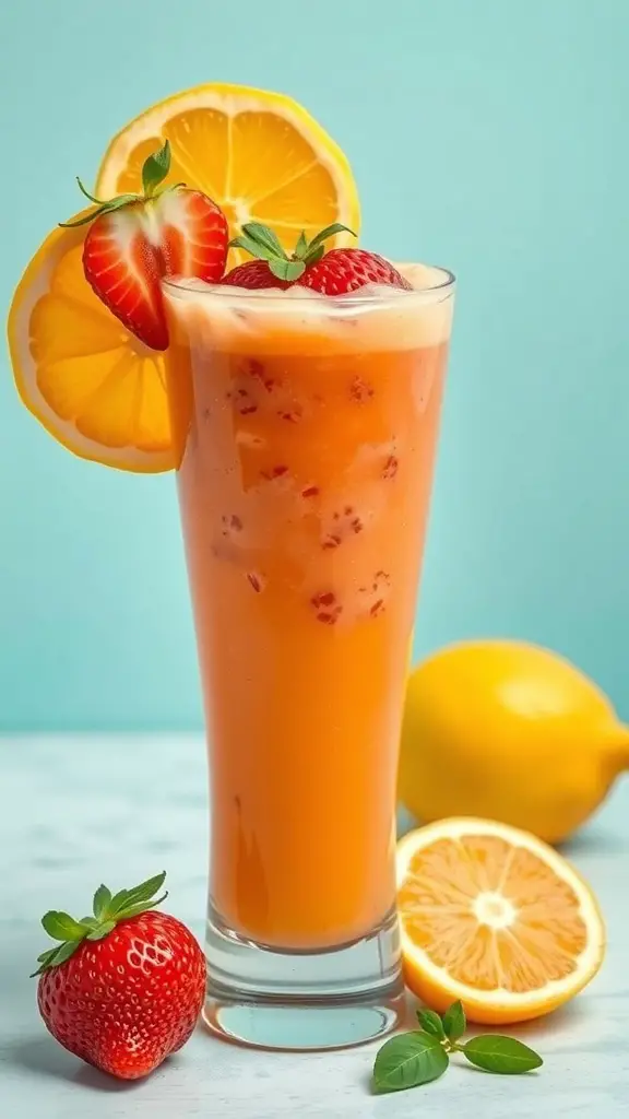 A refreshing Citrus Berry Boost smoothie in a tall glass, garnished with orange slices and strawberries.