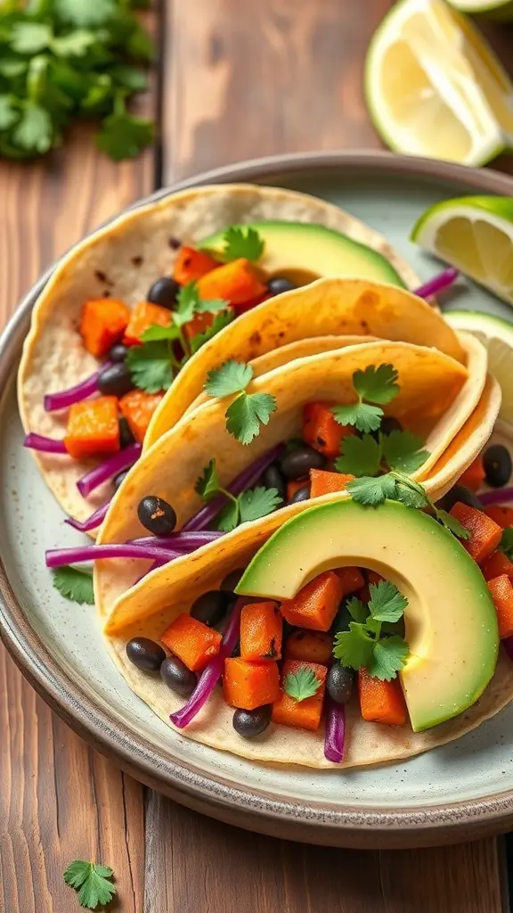 Three sweet potato and black bean tacos topped with avocado and cilantro on a plate.