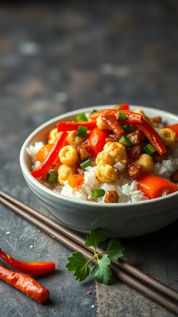 A bowl of cauliflower rice stir-fry with colorful vegetables