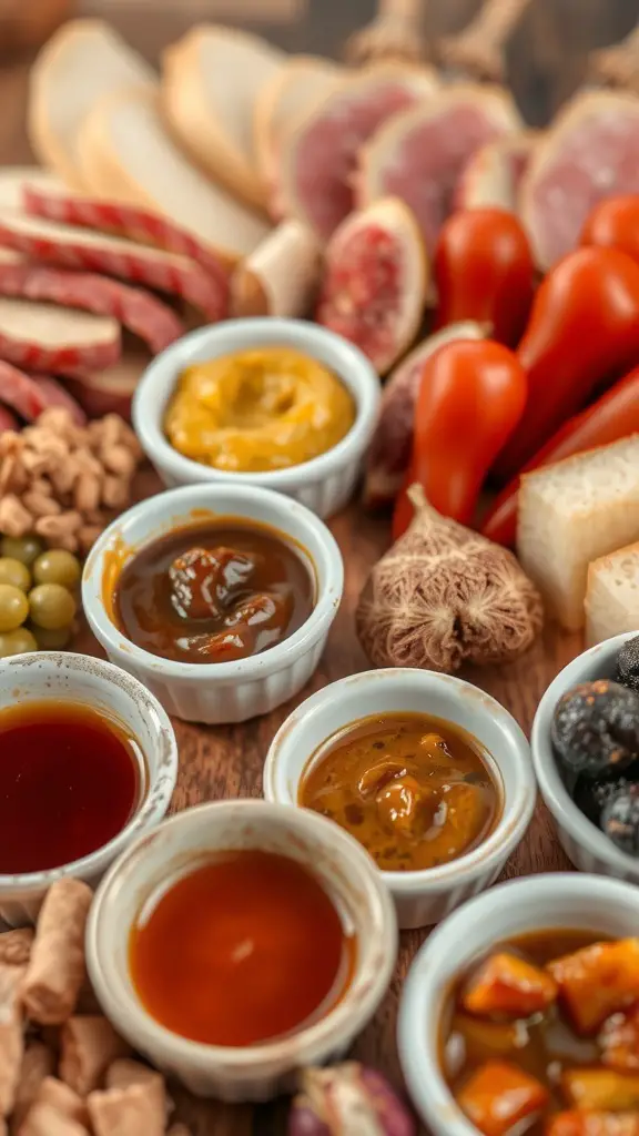 A variety of condiments in small bowls, including mustard, barbecue sauce, and chutneys, arranged on a wooden board.