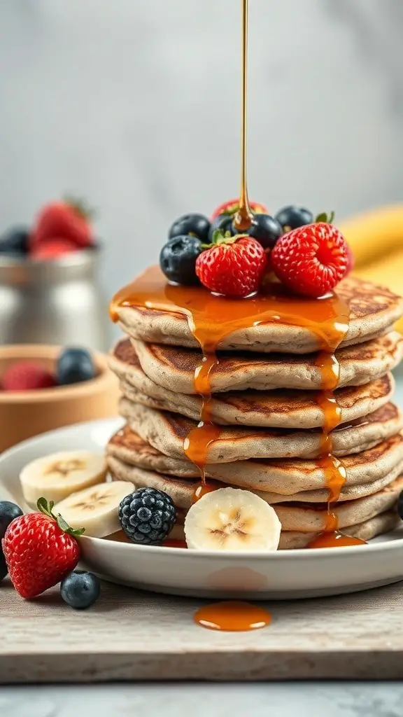 A stack of banana oatmeal pancakes topped with syrup and fresh berries.
