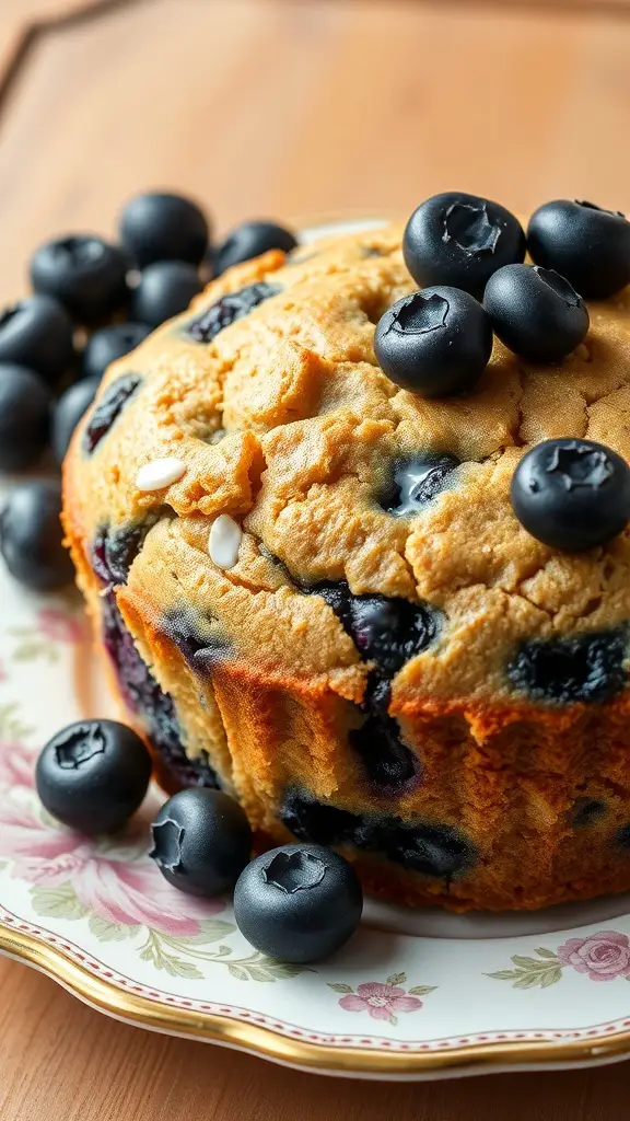 A close-up of a Blueberry Muffin Cake topped with fresh blueberries on a floral plate.