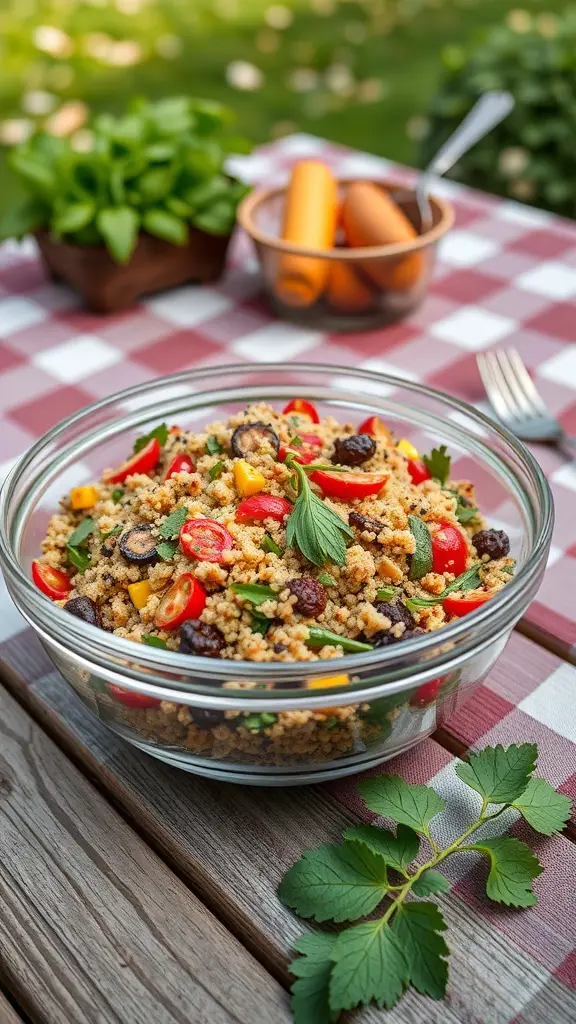 A bowl of quinoa salad with roasted vegetables, garnished with herbs, on a picnic table.