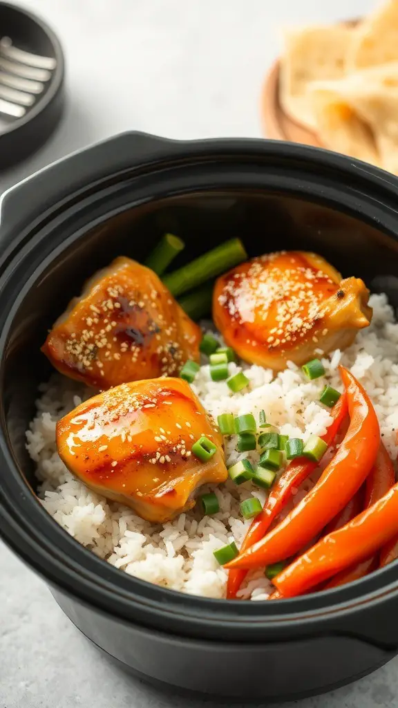 Crockpot Honey Garlic Chicken Thighs with rice and vegetables