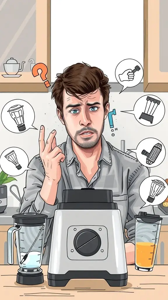 A confused person with a blender and various components, surrounded by question marks.