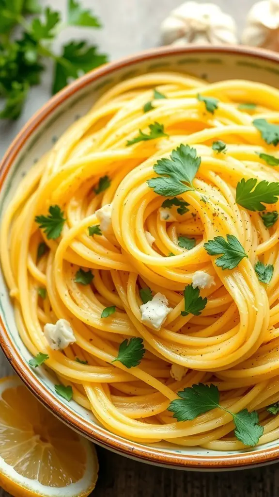 A bowl of lemon garlic spaghetti squash topped with parsley and garlic, with a lemon wedge on the side.