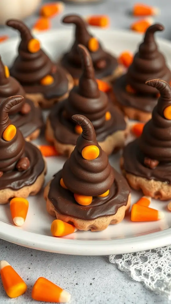 A plate of Witch Hat Cookies decorated with chocolate frosting and candy corn.