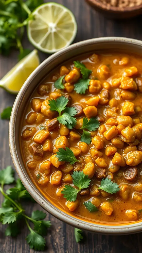 A bowl of coconut curry lentils garnished with cilantro and lime wedges