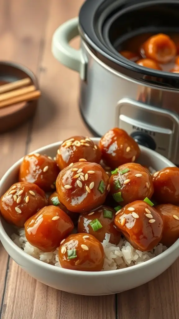 A bowl of sweet and sour meatballs served over rice, garnished with sesame seeds and green onions, with a crockpot in the background.