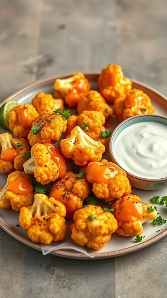 A plate of spicy buffalo cauliflower bites with a side of ranch dressing.