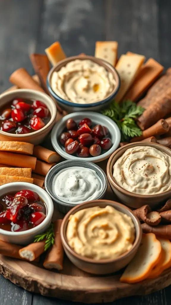 A charcuterie board featuring various dips and spreads, including hummus, yogurt dip, and fruit preserves, surrounded by cheese and crackers.
