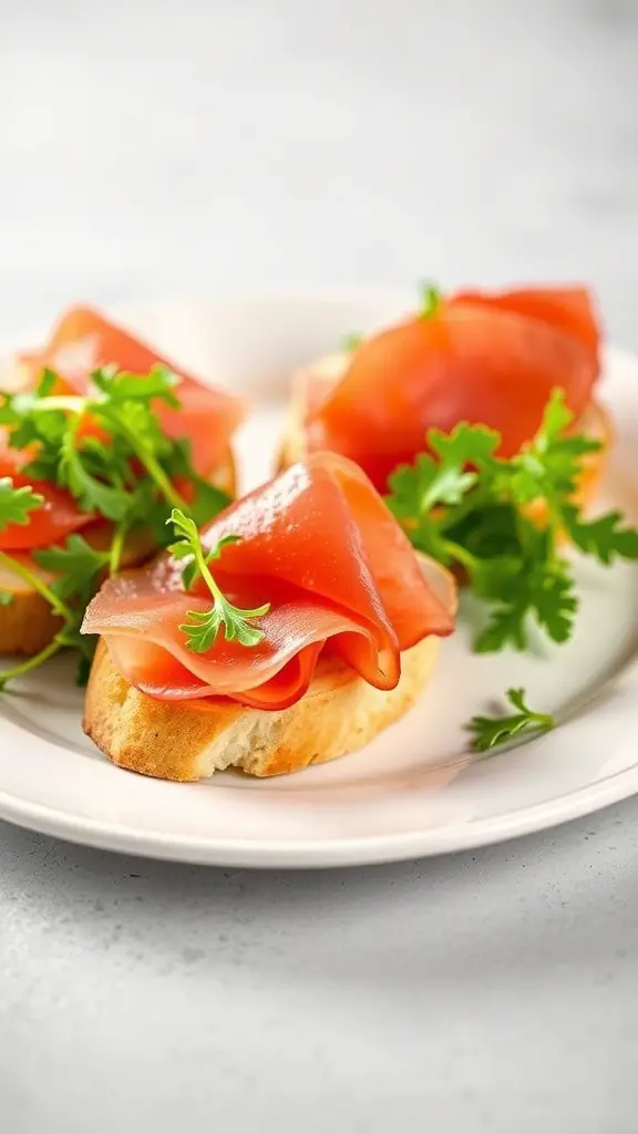 A plate of crostini topped with prosciutto and garnished with fresh herbs.