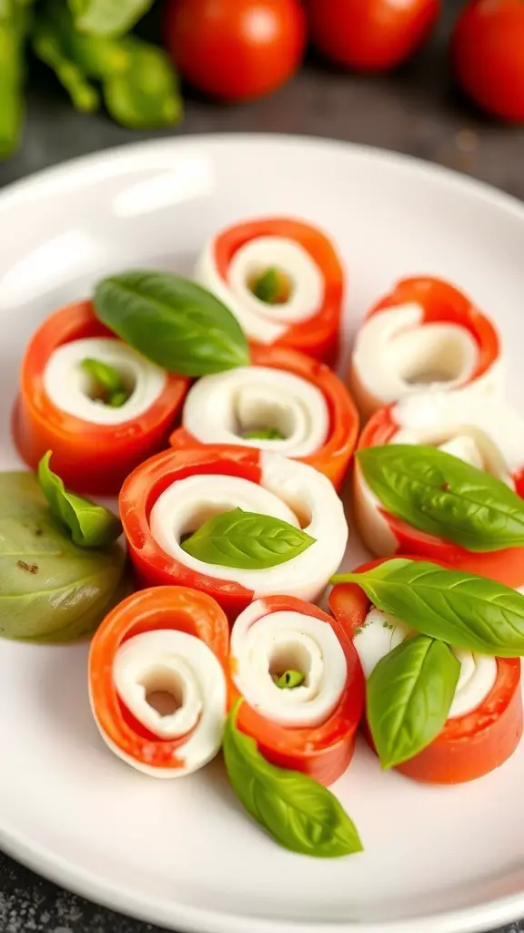 A plate of Caprese Salad Pinwheels made with mozzarella, tomatoes, and basil.