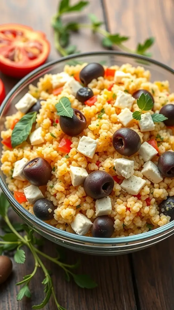 A bowl of Mediterranean Couscous Salad with feta cheese, olives, and colorful vegetables.