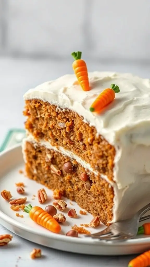 A slice of nutty carrot cake with cream cheese icing, decorated with small carrot toppers and scattered pecans.