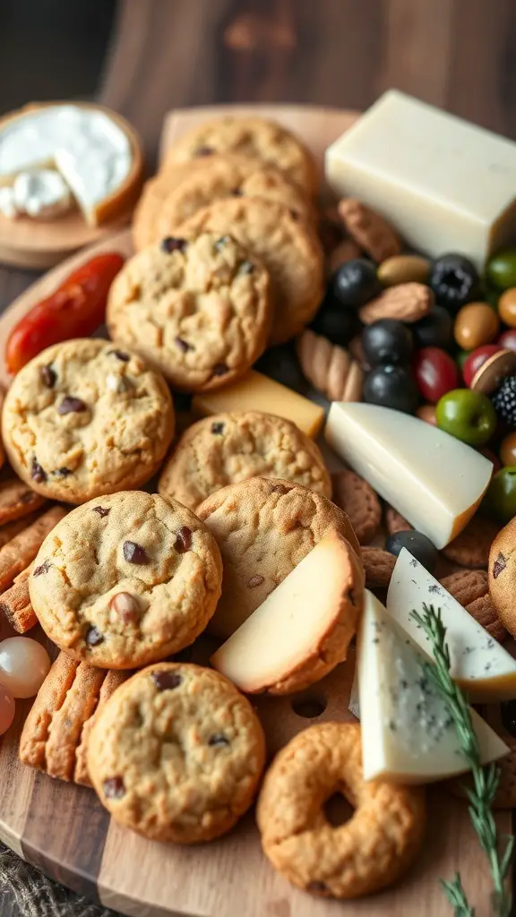 A cookie charcuterie board featuring various cookies and cheeses, with nuts and olives.
