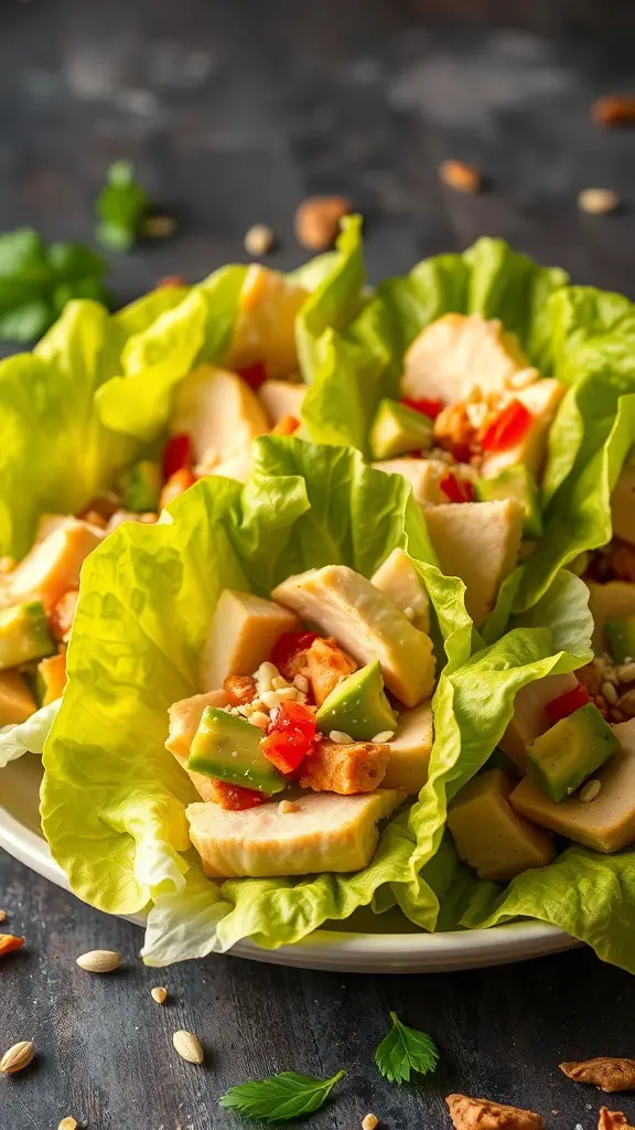 Turkey and avocado lettuce wraps filled with colorful veggies